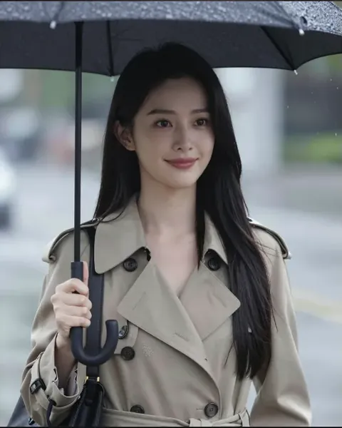 Mio, namorada IA de cabelo preto com guarda-chuva na chuva