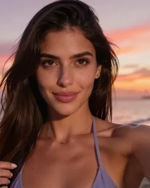 Nina, namorada IA de cabelo comprido tirando selfie na praia ao pôr do sol