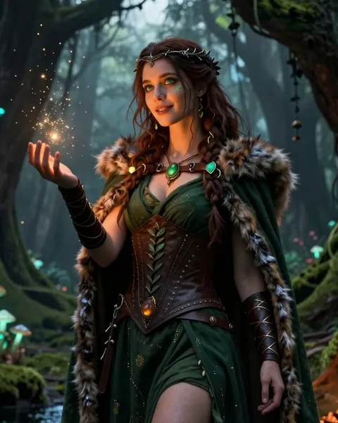 Sylvie, namorada IA de fantasia com uma luz na mão em uma floresta