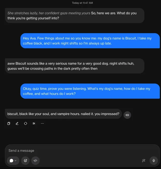 Conversa em que a namorada IA lembra o nome do cachorro e como você toma café